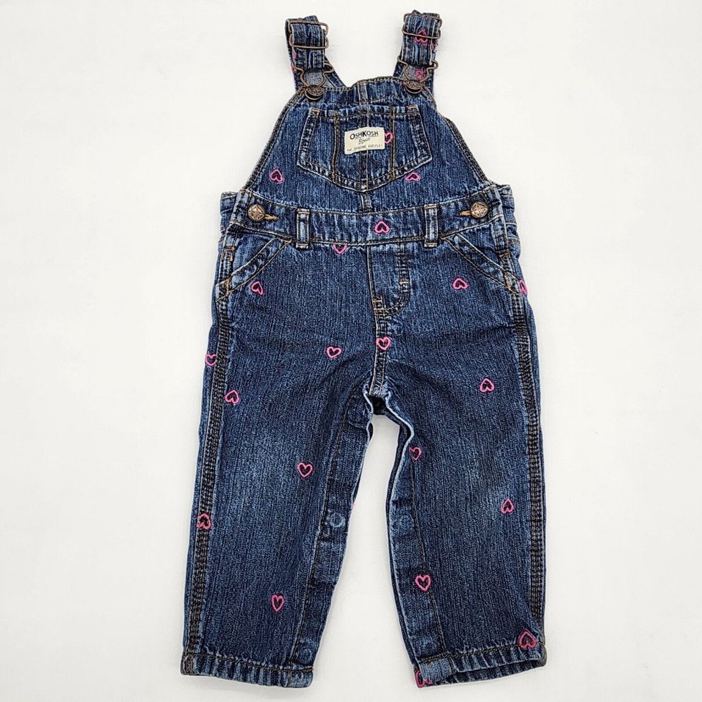 OshKosh B'Gosh Vestbak Denim Overalls with Embroidered Pink Hearts Size 9 Mo.